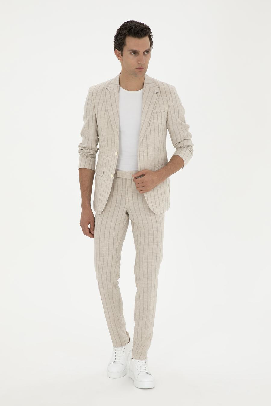 Bej Slim Fit Çizgili Yün Karışımlı Keten Takım Elbise - 50288733005