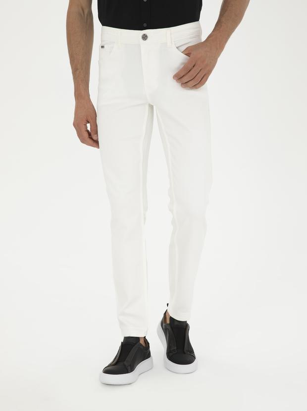 Beyaz Slim Fit Pamuk Karışımlı Jean Pantolon