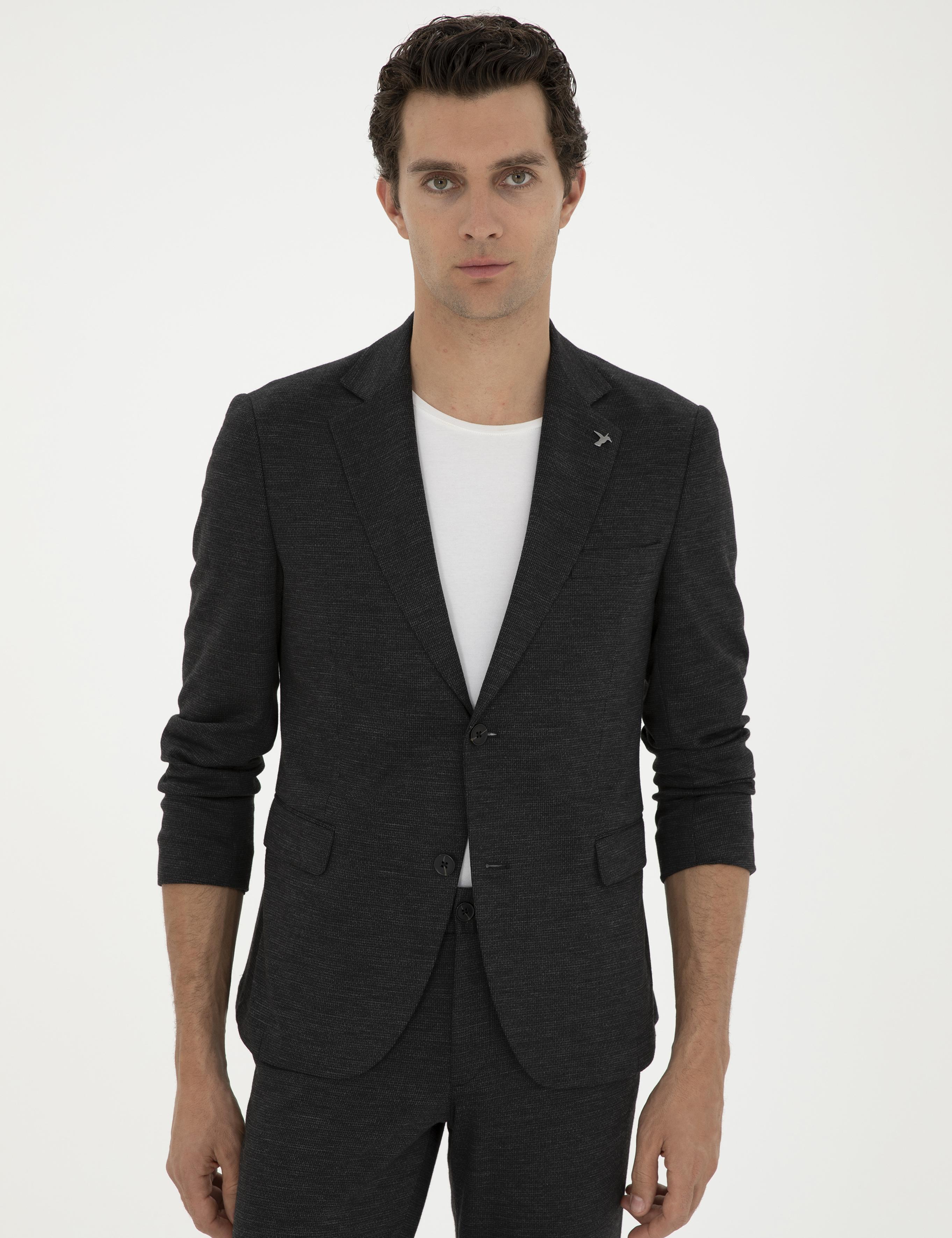 Siyah Slim Fit Yün Karışımlı Ceket - 50284835054