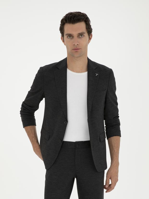 Siyah Slim Fit Yün Karışımlı Ceket