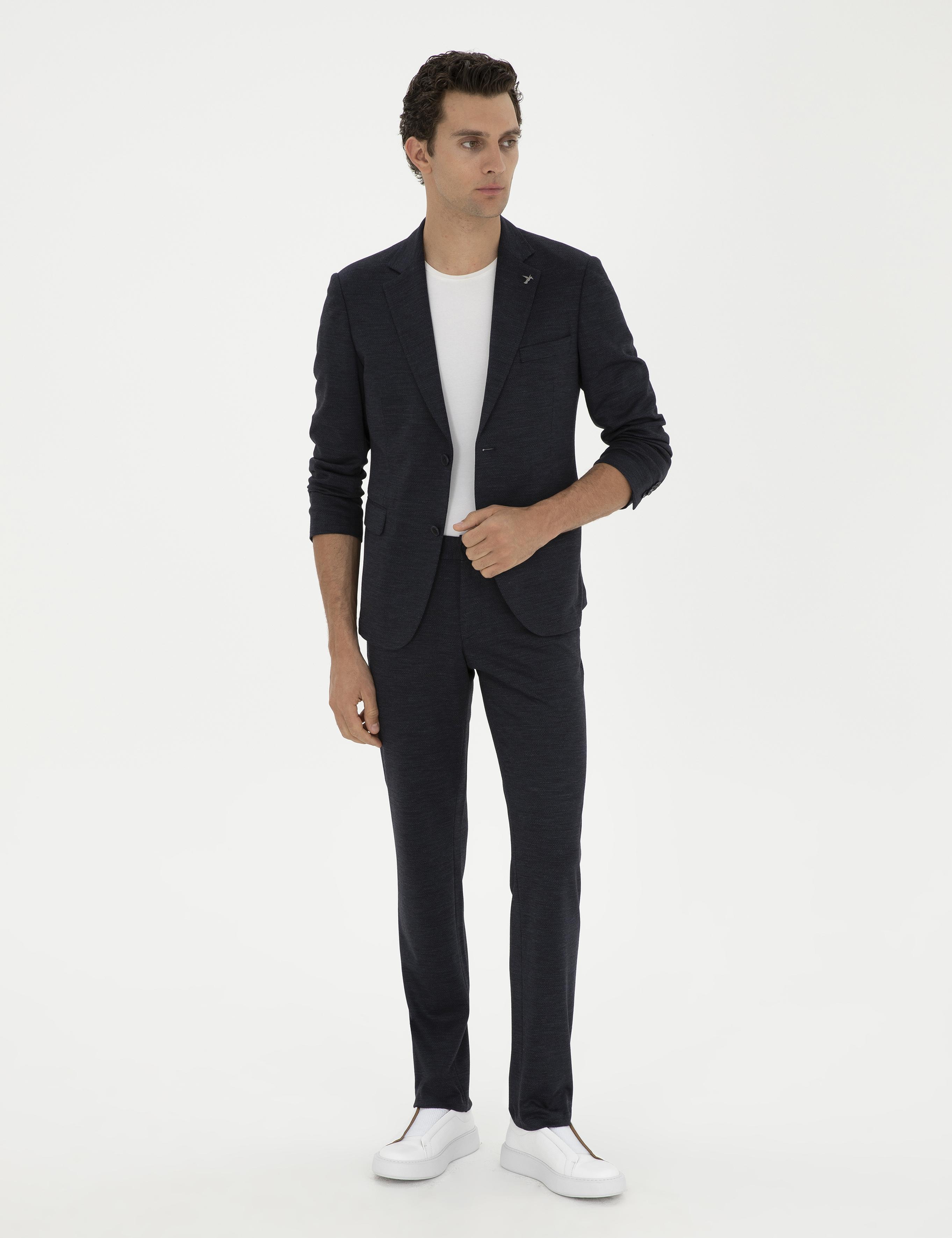 Koyu Lacivert Slim Fit Mikro Desenli Yün Karışımlı Ceket - 50284835080