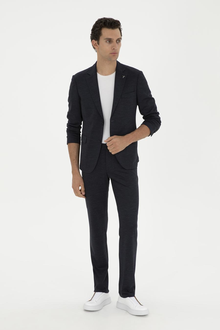 Koyu Lacivert Slim Fit Mikro Desenli Yün Karışımlı Ceket - 50284835080