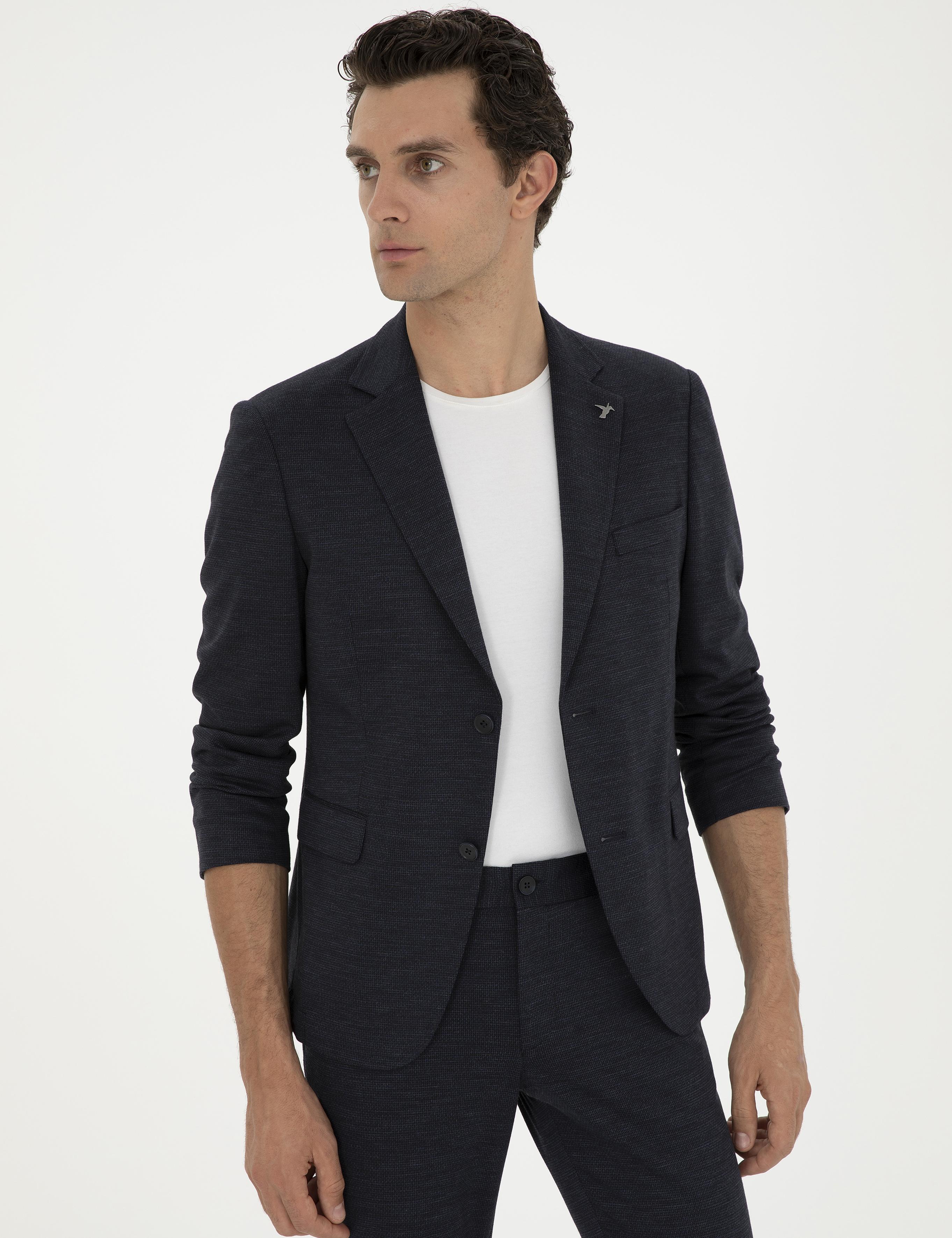 Koyu Lacivert Slim Fit Mikro Desenli Yün Karışımlı Ceket - 50284835080