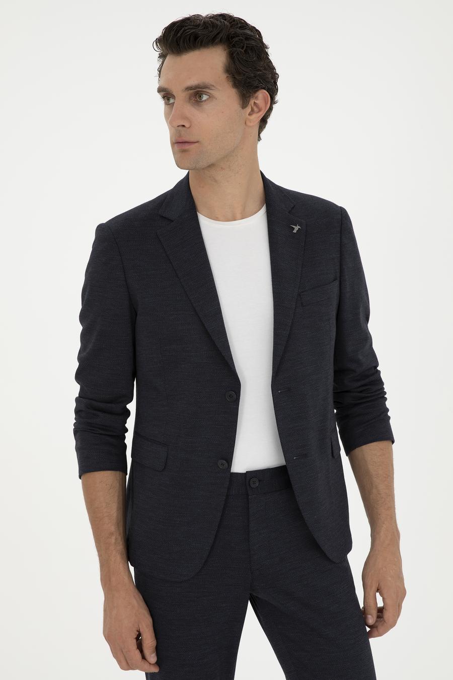 Koyu Lacivert Slim Fit Mikro Desenli Yün Karışımlı Ceket - 50284835080