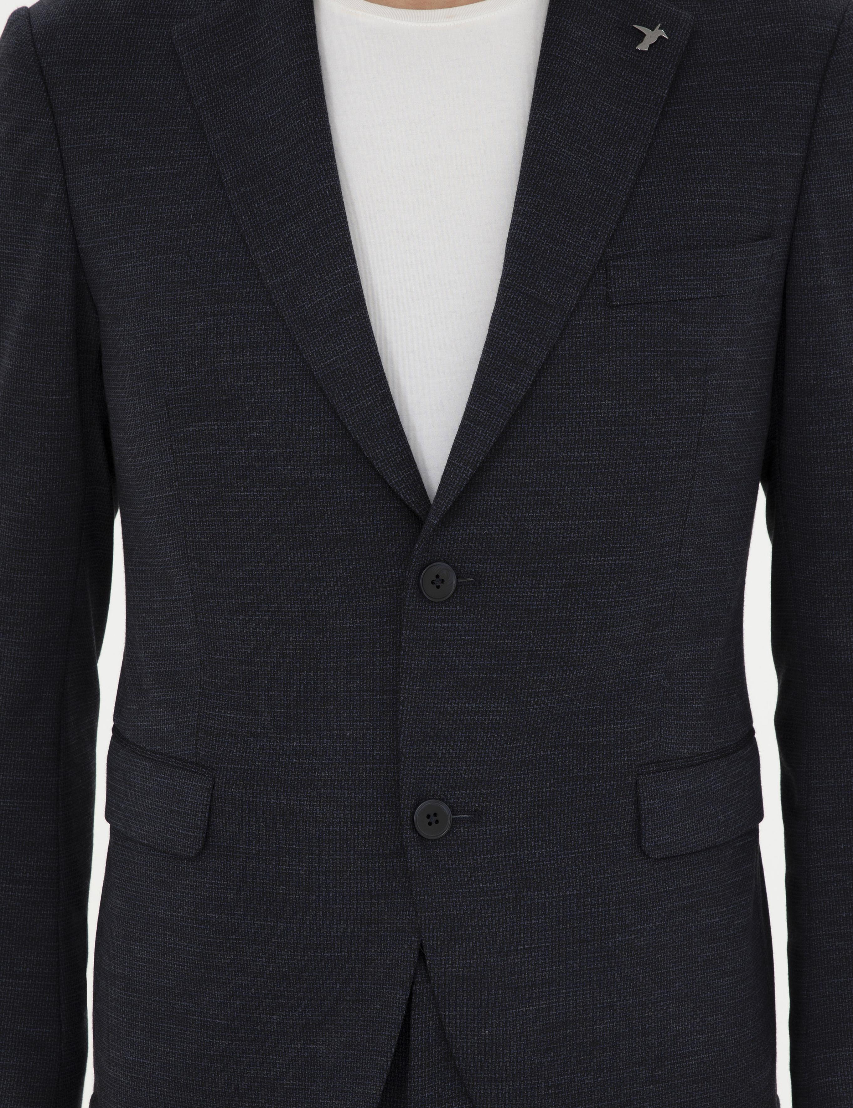 Koyu Lacivert Slim Fit Mikro Desenli Yün Karışımlı Ceket - 50284835080