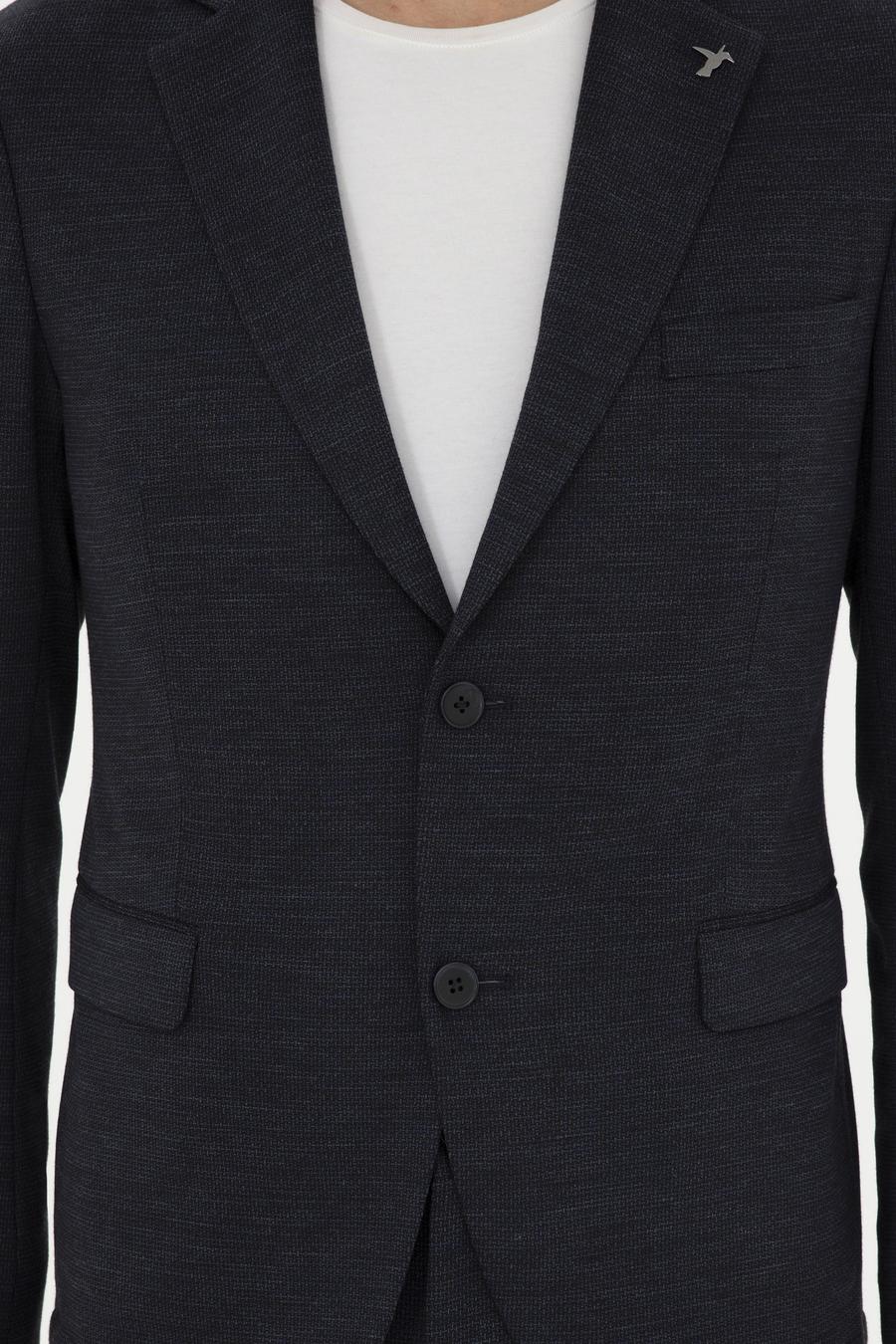 Koyu Lacivert Slim Fit Mikro Desenli Yün Karışımlı Ceket - 50284835080
