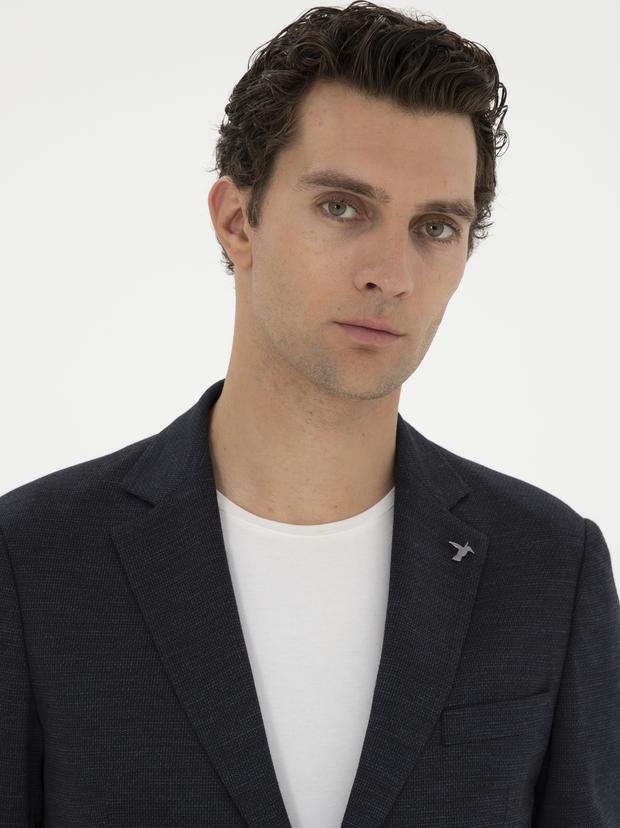 Koyu Lacivert Slim Fit Mikro Desenli Yün Karışımlı Ceket