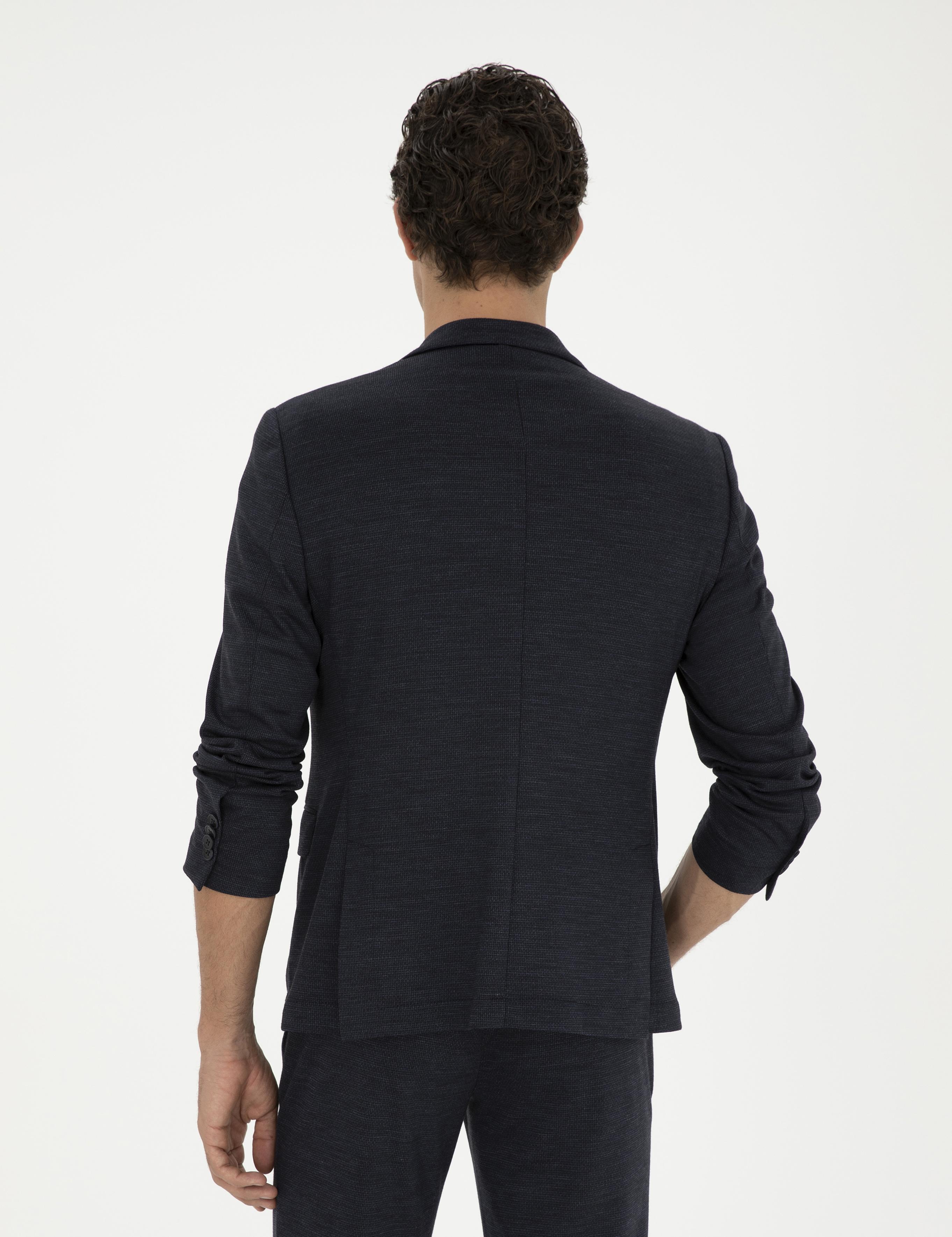Koyu Lacivert Slim Fit Mikro Desenli Yün Karışımlı Ceket - 50284835080