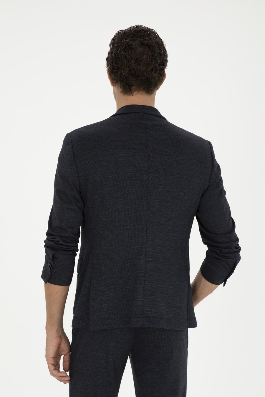 Koyu Lacivert Slim Fit Mikro Desenli Yün Karışımlı Ceket - 50284835080