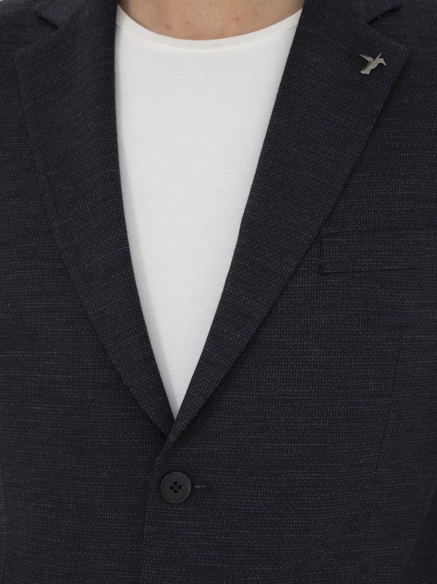 Koyu Lacivert Slim Fit Mikro Desenli Yün Karışımlı Ceket