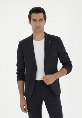 Koyu Lacivert Slim Fit Mikro Desenli Yün Karışımlı Ceket