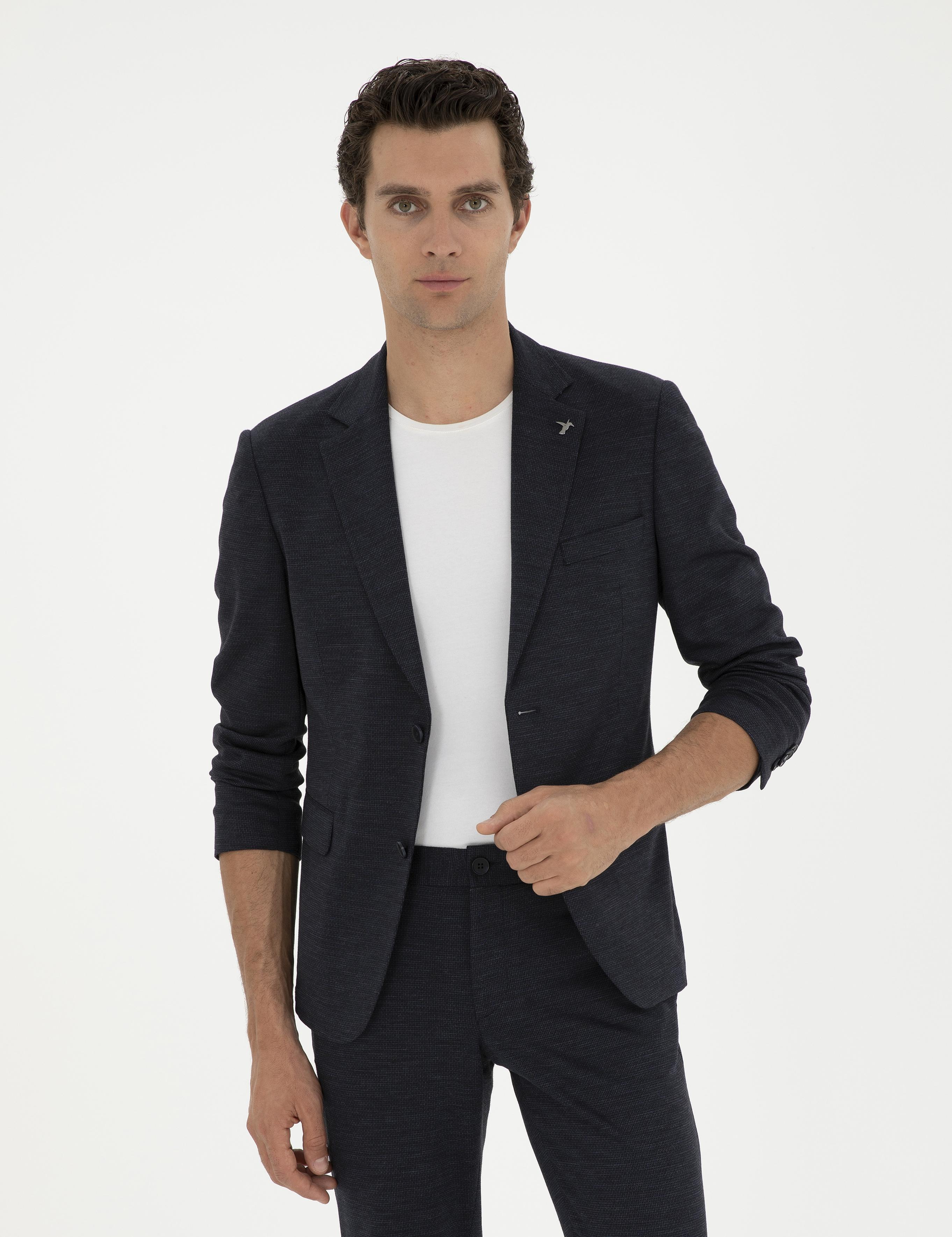 Koyu Lacivert Slim Fit Mikro Desenli Yün Karışımlı Ceket - 50284835080