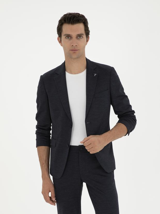 Koyu Lacivert Slim Fit Mikro Desenli Yün Karışımlı Ceket