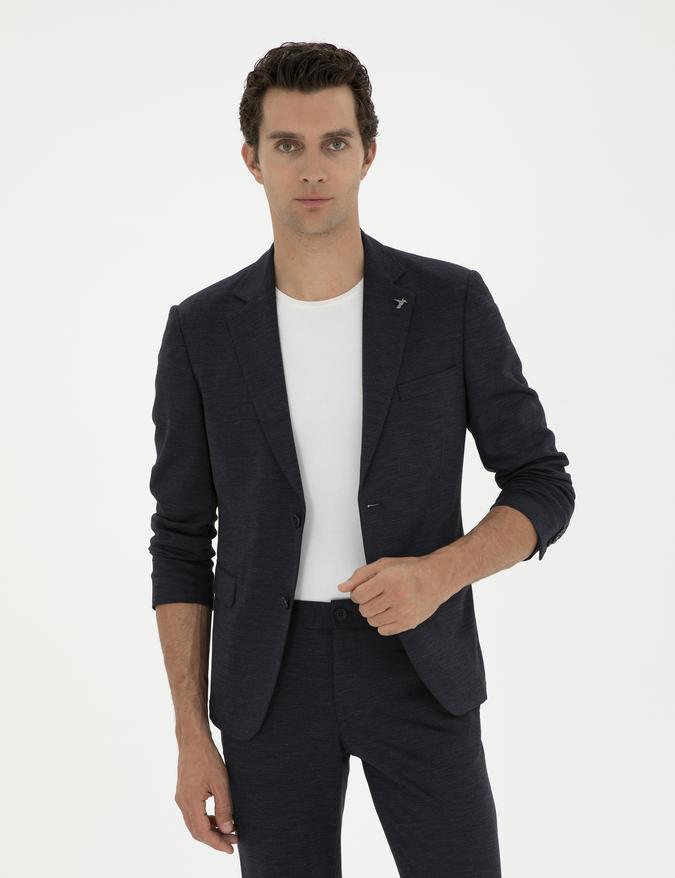 Koyu Lacivert Slim Fit Mikro Desenli Yün Karışımlı Ceket