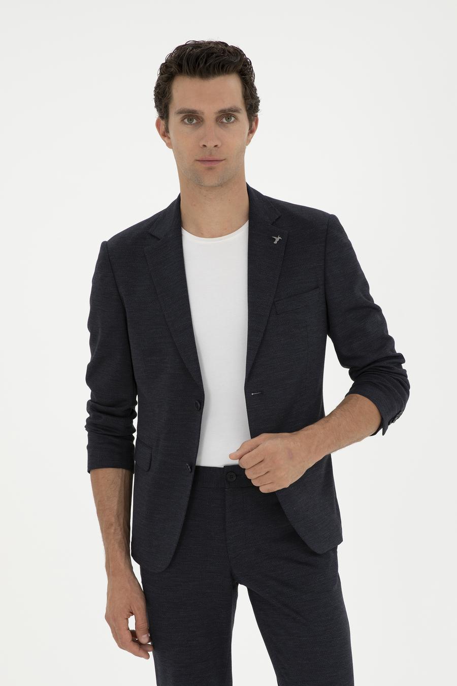 Koyu Lacivert Slim Fit Mikro Desenli Yün Karışımlı Ceket - 50284835080
