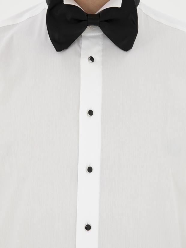 Beyaz Slim Fit Manşetli Pamuk Karışımlı Smokin Gömlek