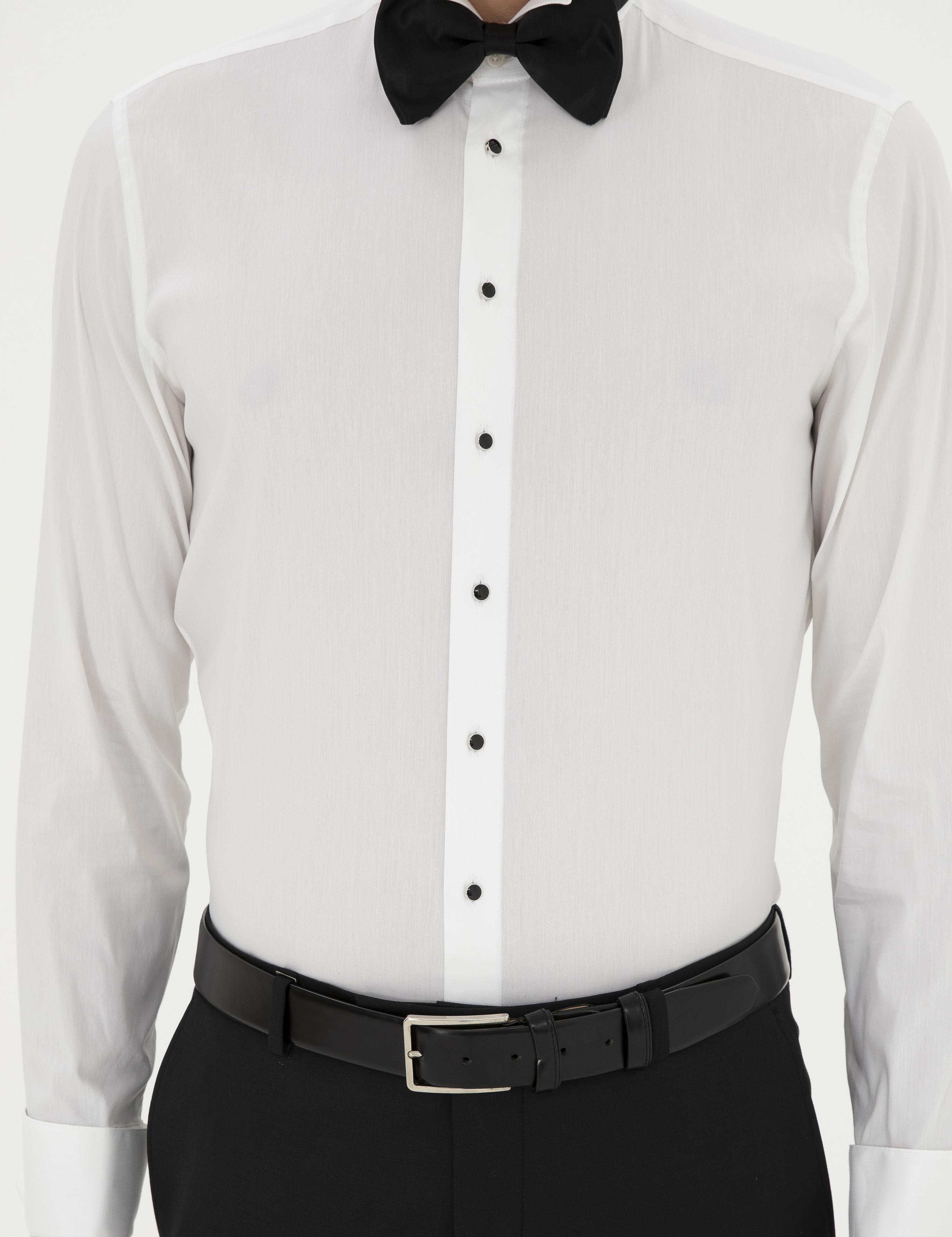 Beyaz Slim Fit Manşetli Pamuk Karışımlı Smokin Gömlek - 50285569012