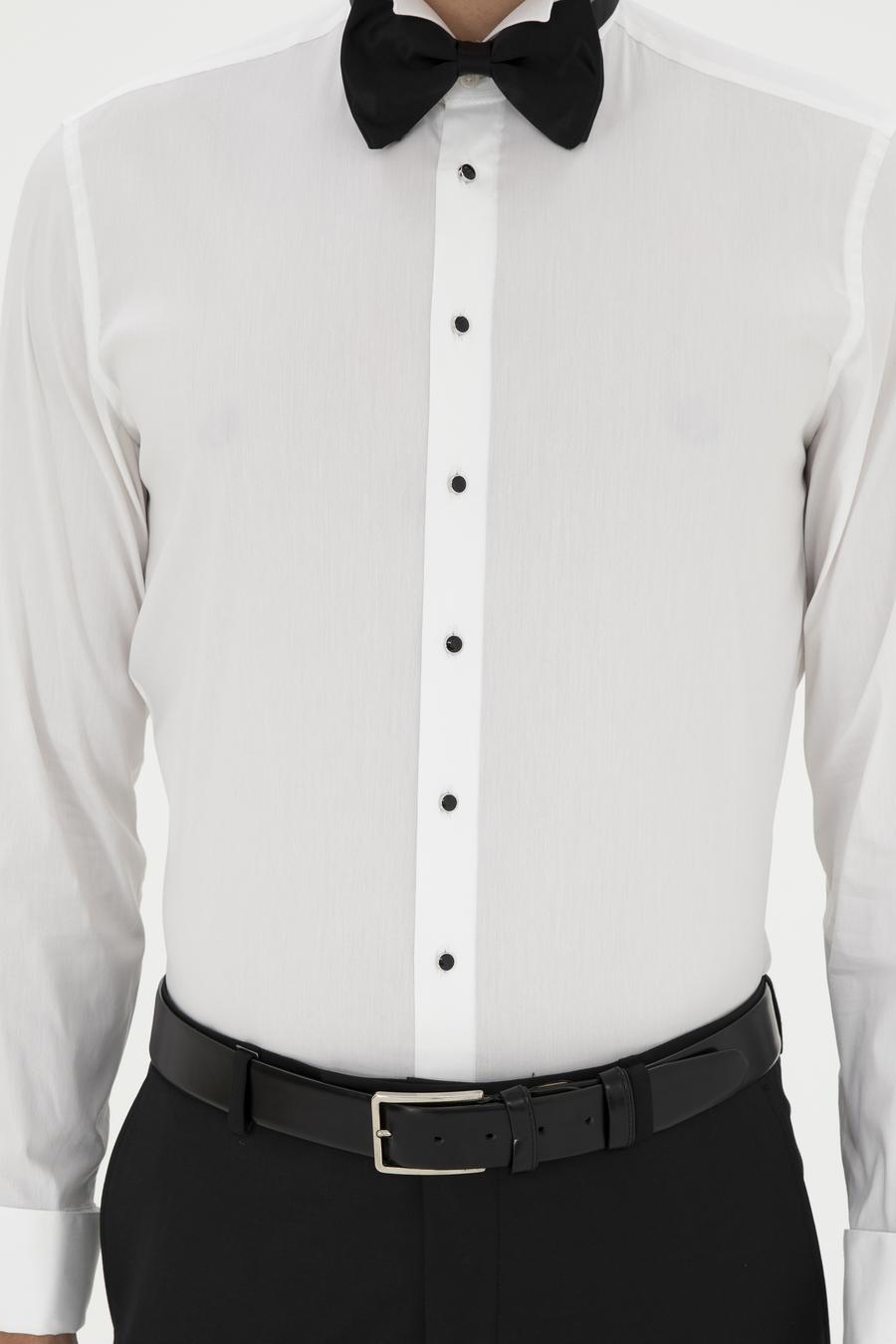 Beyaz Slim Fit Manşetli Pamuk Karışımlı Smokin Gömlek - 50285569012