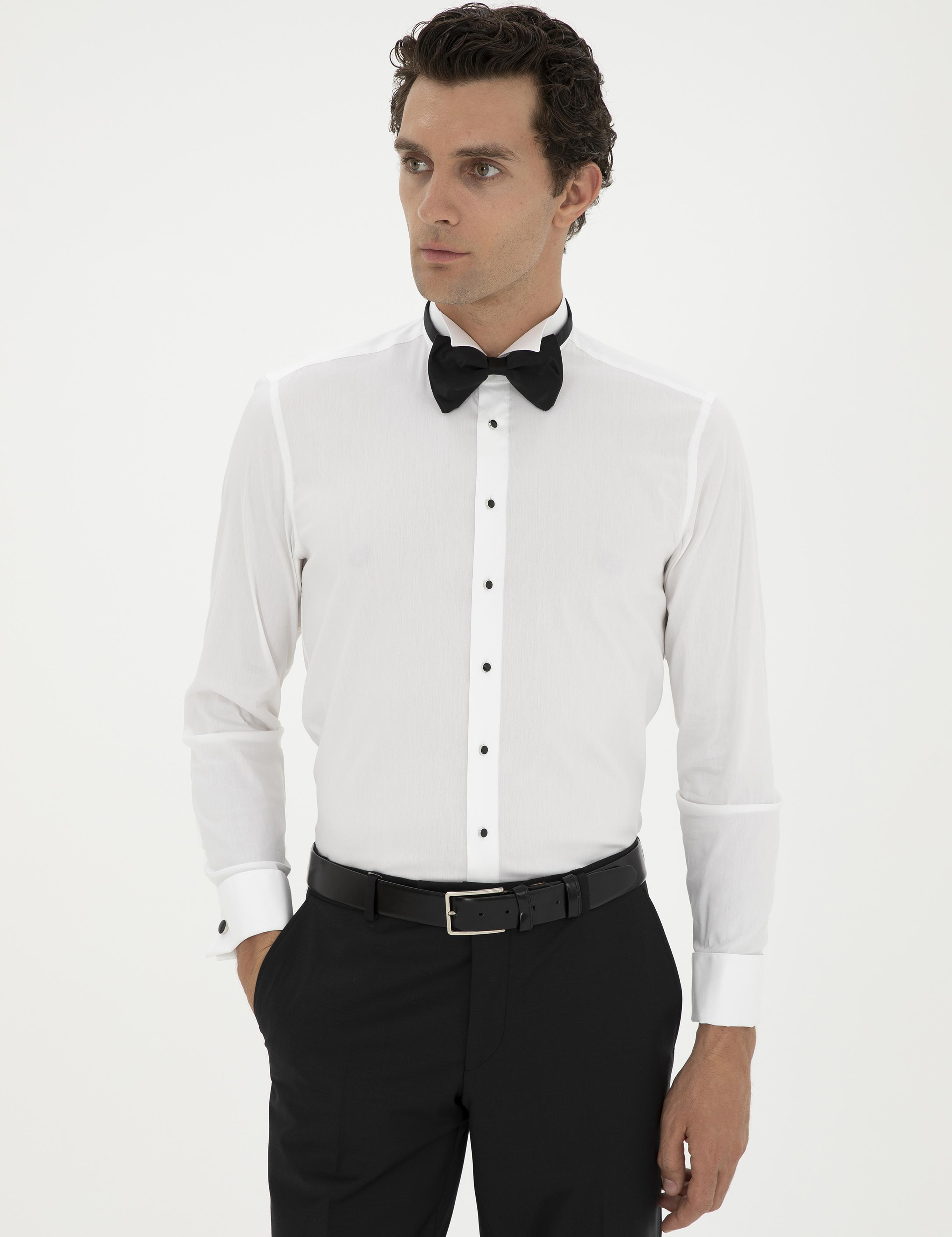 Beyaz Slim Fit Manşetli Pamuk Karışımlı Smokin Gömlek - 50285569012