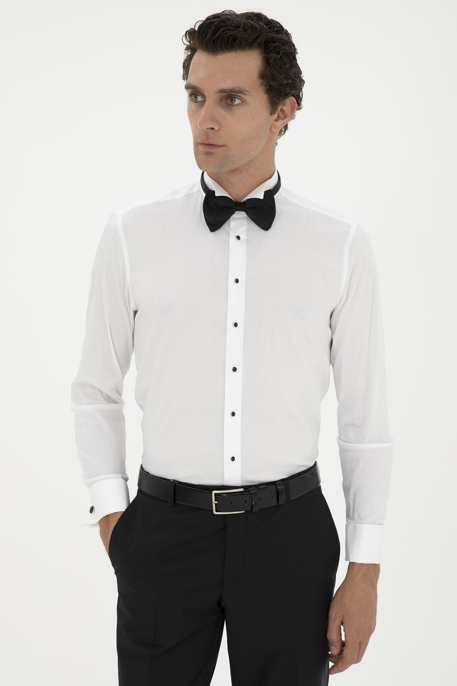 Beyaz Slim Fit Manşetli Pamuk Karışımlı Smokin Gömlek - 50285569012