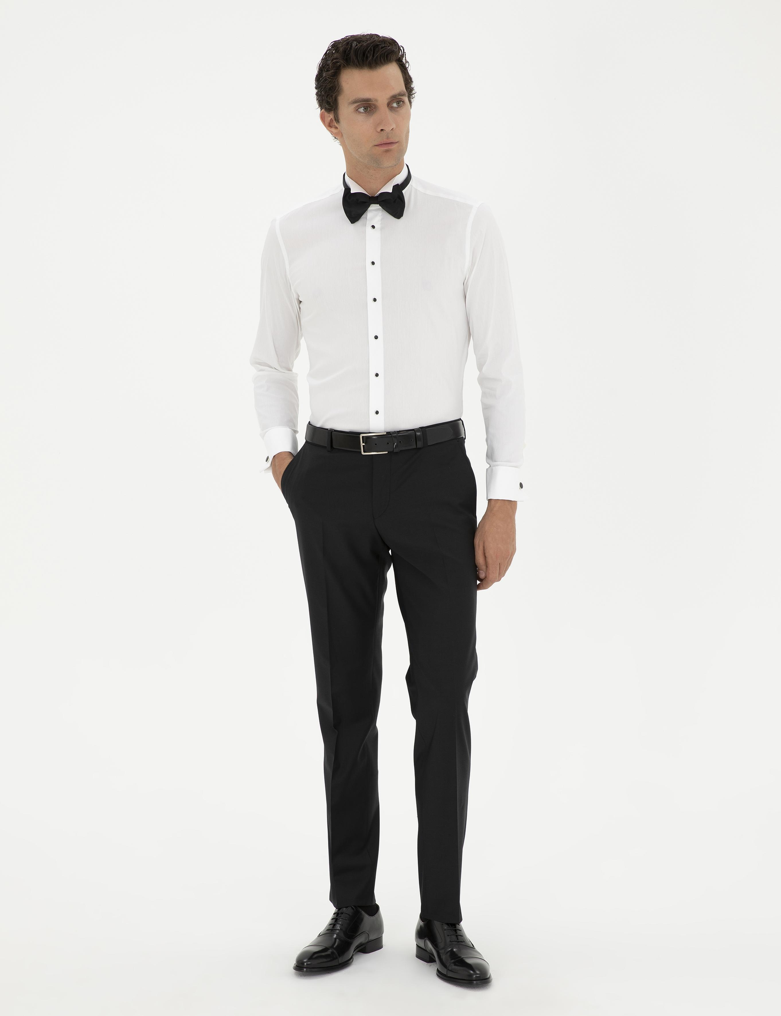 Beyaz Slim Fit Manşetli Pamuk Karışımlı Smokin Gömlek - 50285569012