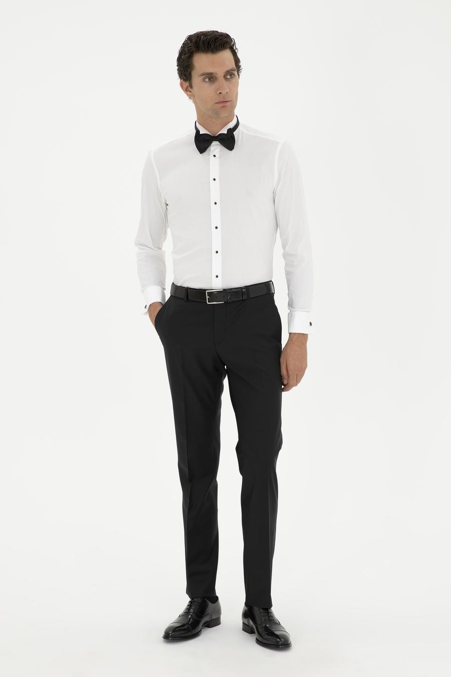 Beyaz Slim Fit Manşetli Pamuk Karışımlı Smokin Gömlek - 50285569012