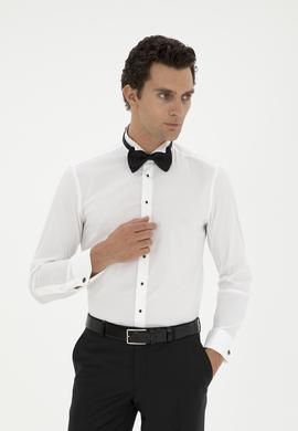 Beyaz Slim Fit Manşetli Pamuk Karışımlı Smokin Gömlek