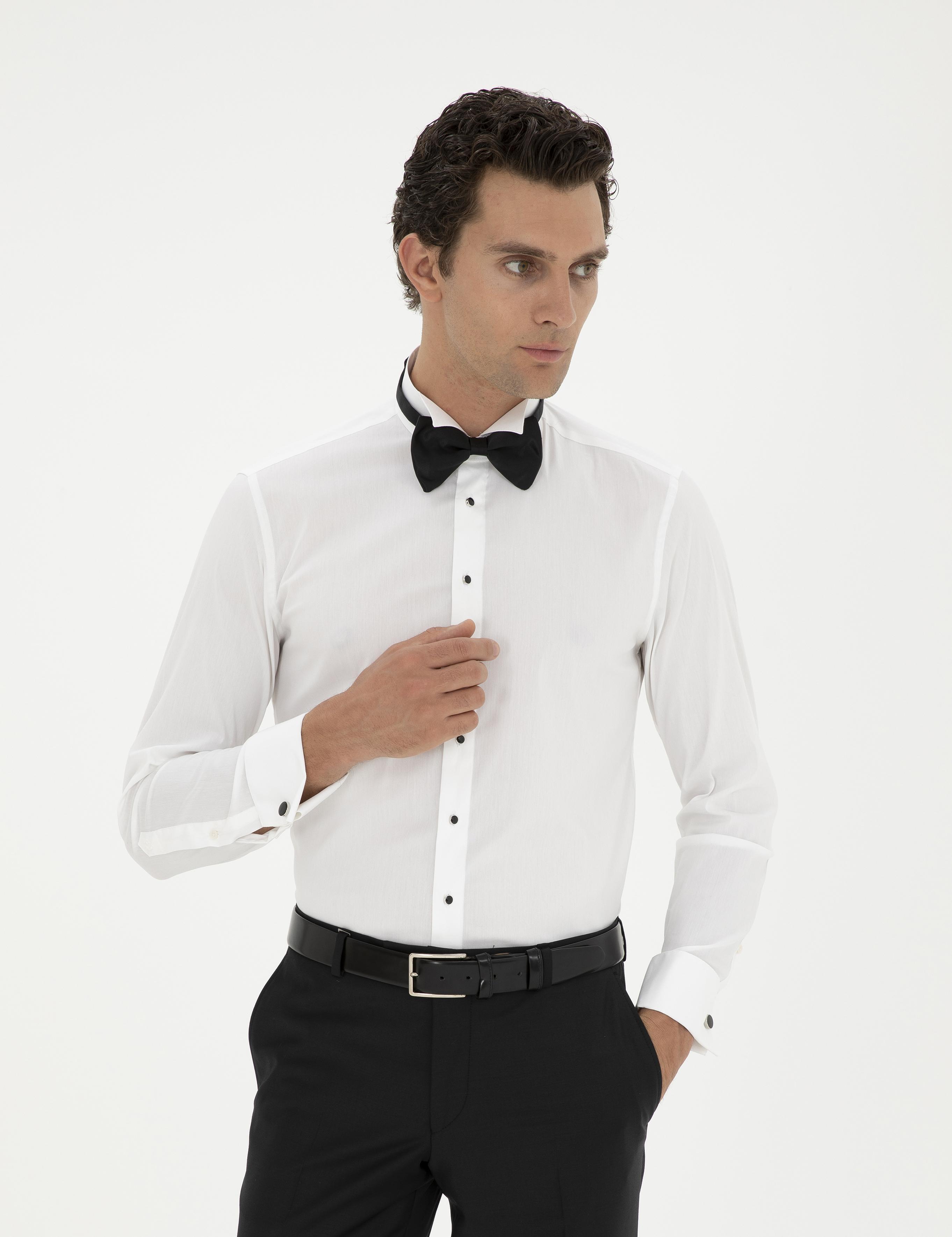 Beyaz Slim Fit Manşetli Pamuk Karışımlı Smokin Gömlek - 50285569012