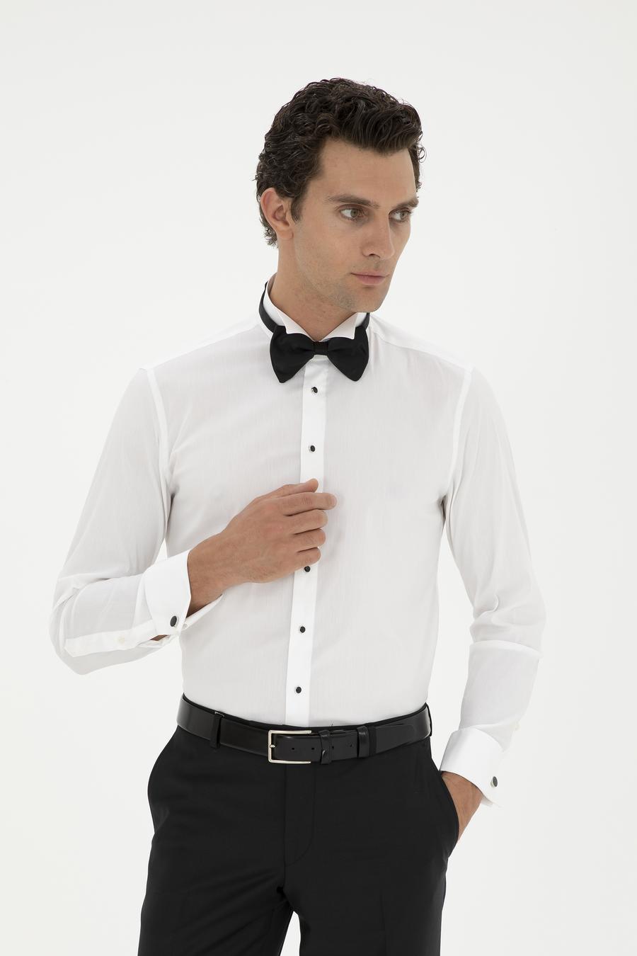 Beyaz Slim Fit Manşetli Pamuk Karışımlı Smokin Gömlek - 50285569012