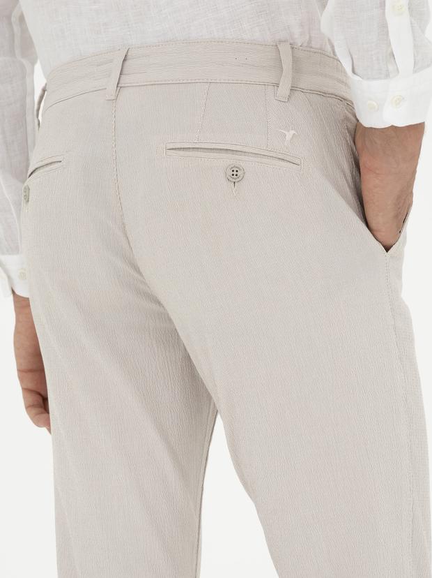 Bej Slim Fit Beli Bağcıklı Kanvas Pantolon
