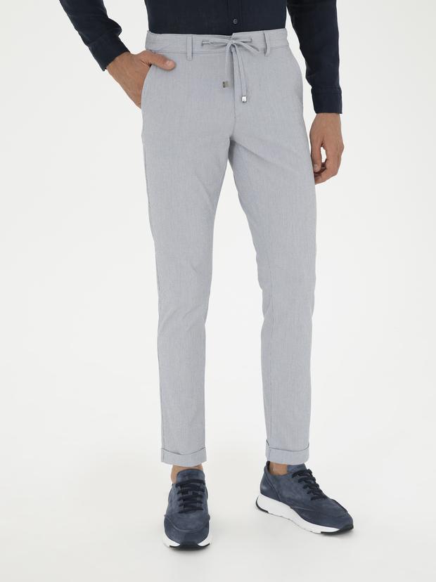 Açık Mavi Slim Fit Beli Bağcıklı Kanvas Pantolon