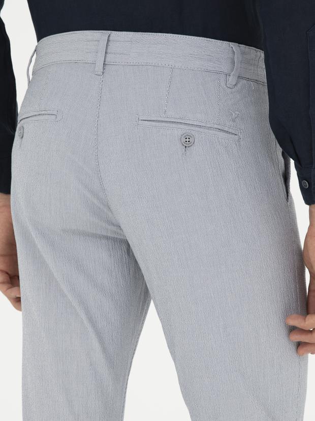 Açık Mavi Slim Fit Beli Bağcıklı Kanvas Pantolon
