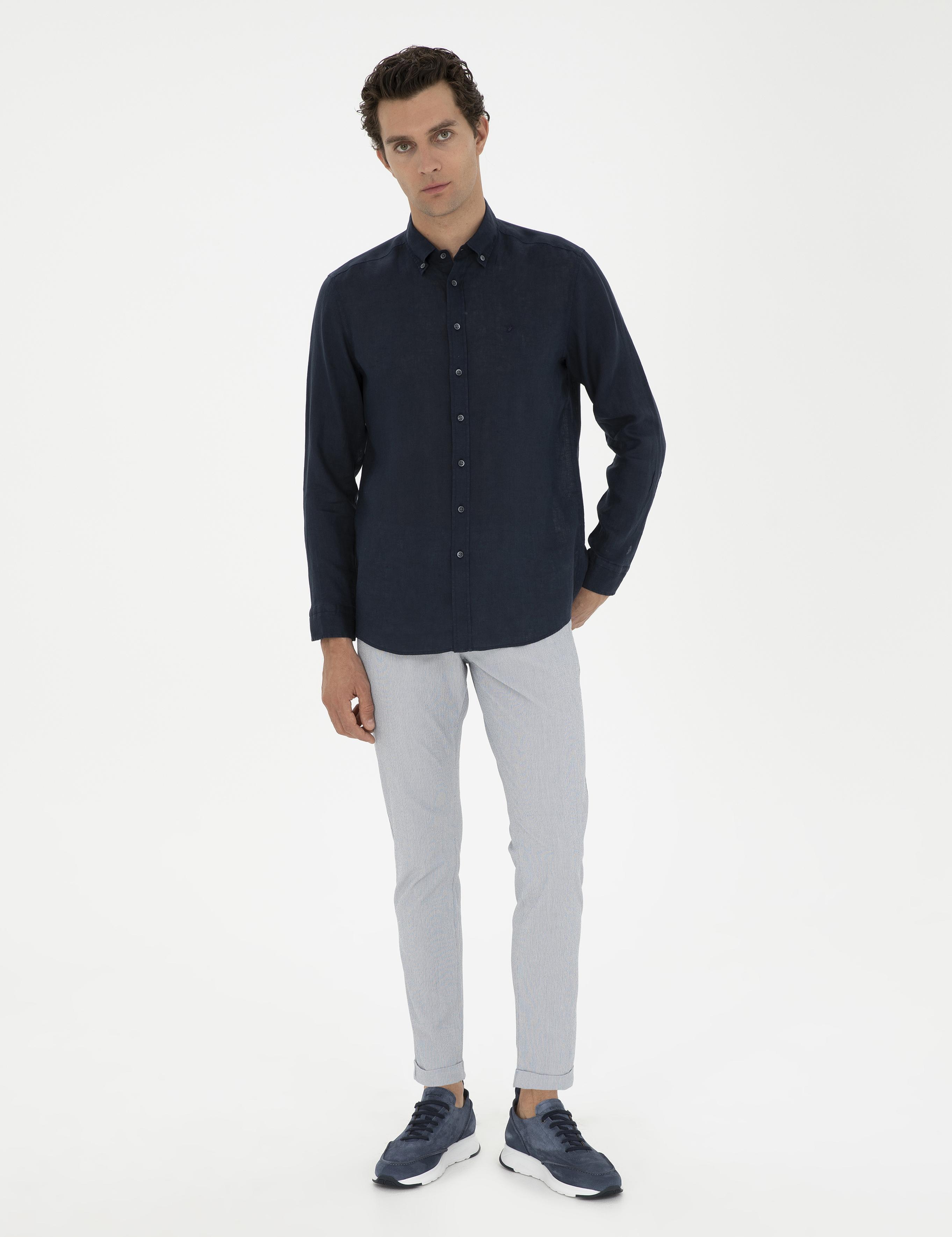 Açık Mavi Slim Fit Beli Bağcıklı Kanvas Pantolon - 50289151107