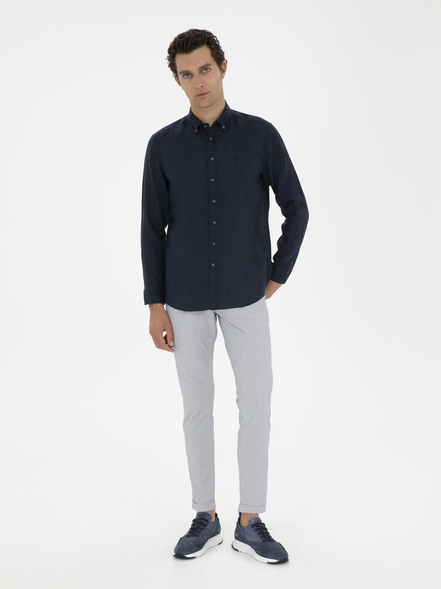 Açık Mavi Slim Fit Beli Bağcıklı Kanvas Pantolon