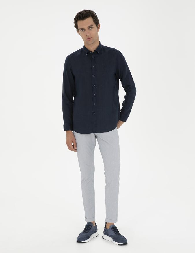 Açık Mavi Slim Fit Beli Bağcıklı Kanvas Pantolon
