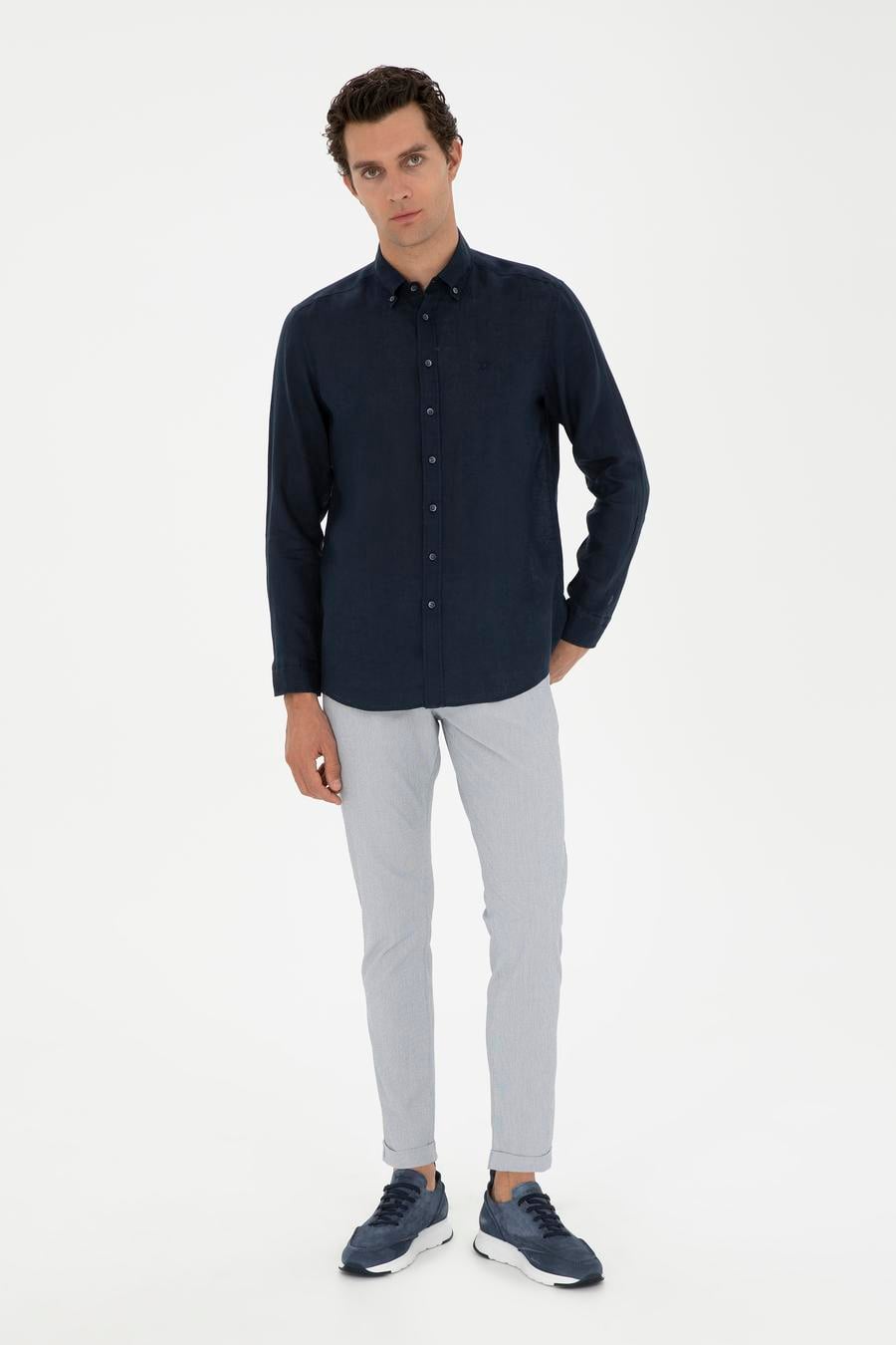 Açık Mavi Slim Fit Beli Bağcıklı Kanvas Pantolon - 50289151107