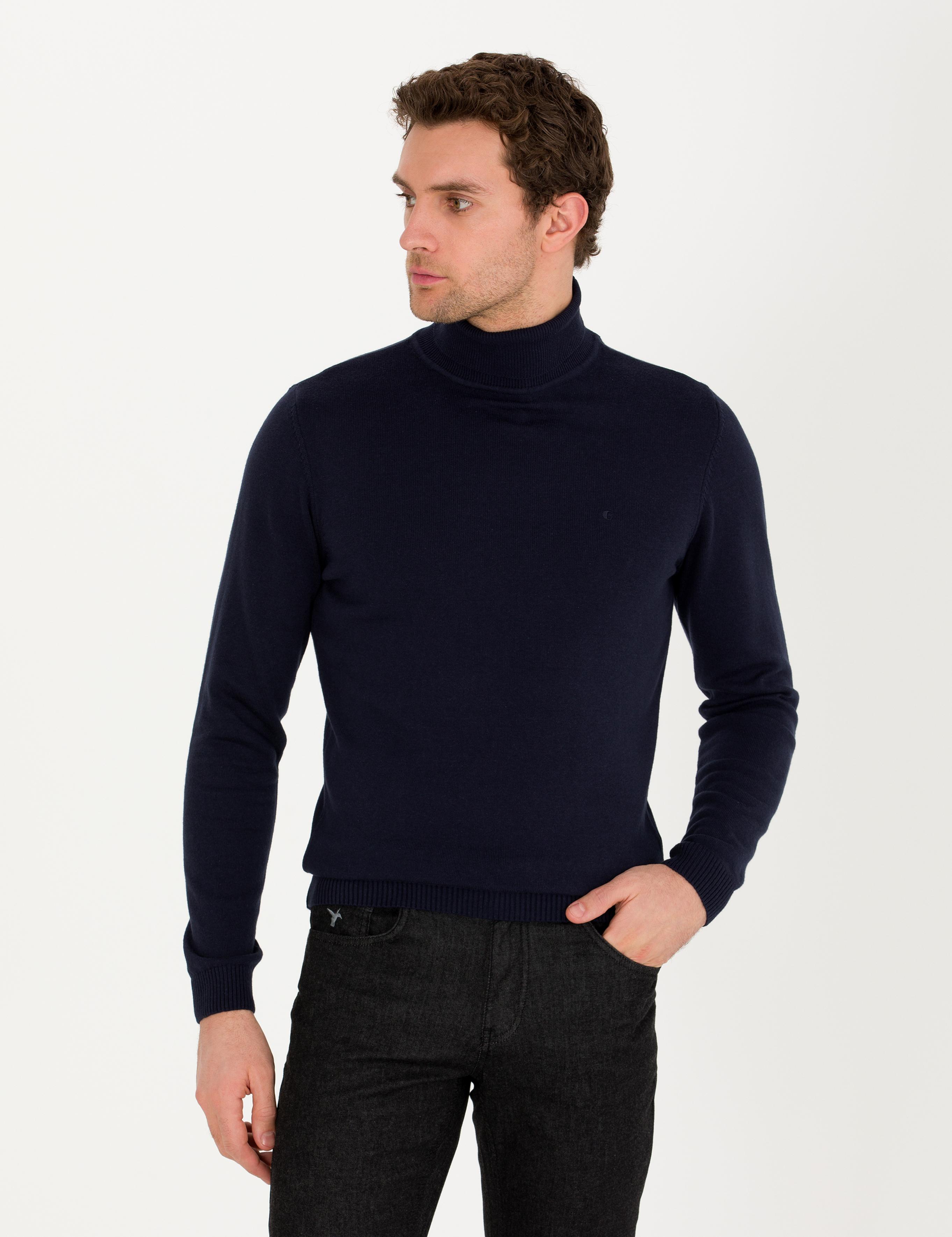 Lacivert Slim Fit Balıkçı Yaka Basic Triko Kazak - 50257385008