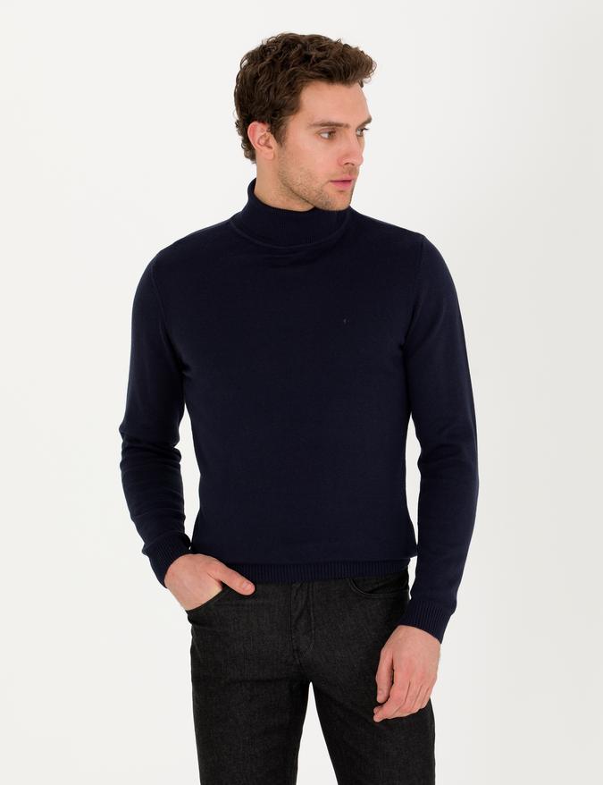 Lacivert Slim Fit Balıkçı Yaka Basic Triko Kazak