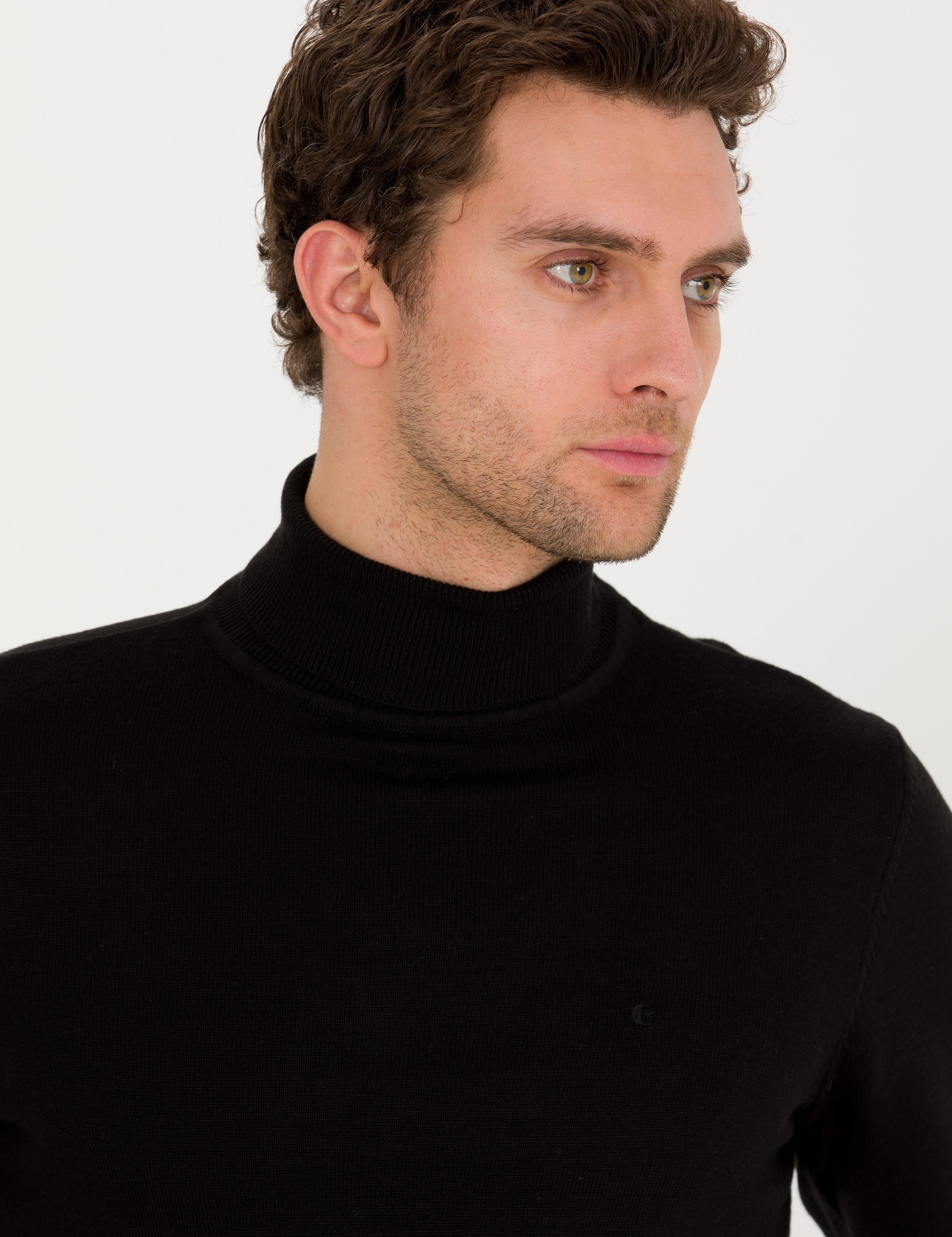 Siyah Slim Fit Pamuk Karışımlı Balıkçı Yaka Basic Triko Kazak - 50257385014