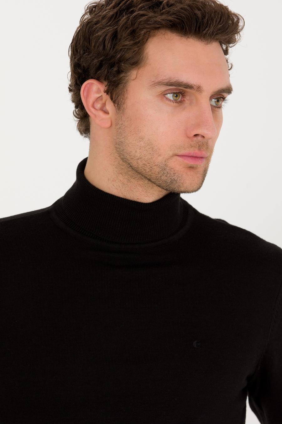 Siyah Slim Fit Pamuk Karışımlı Balıkçı Yaka Basic Triko Kazak - 50257385014