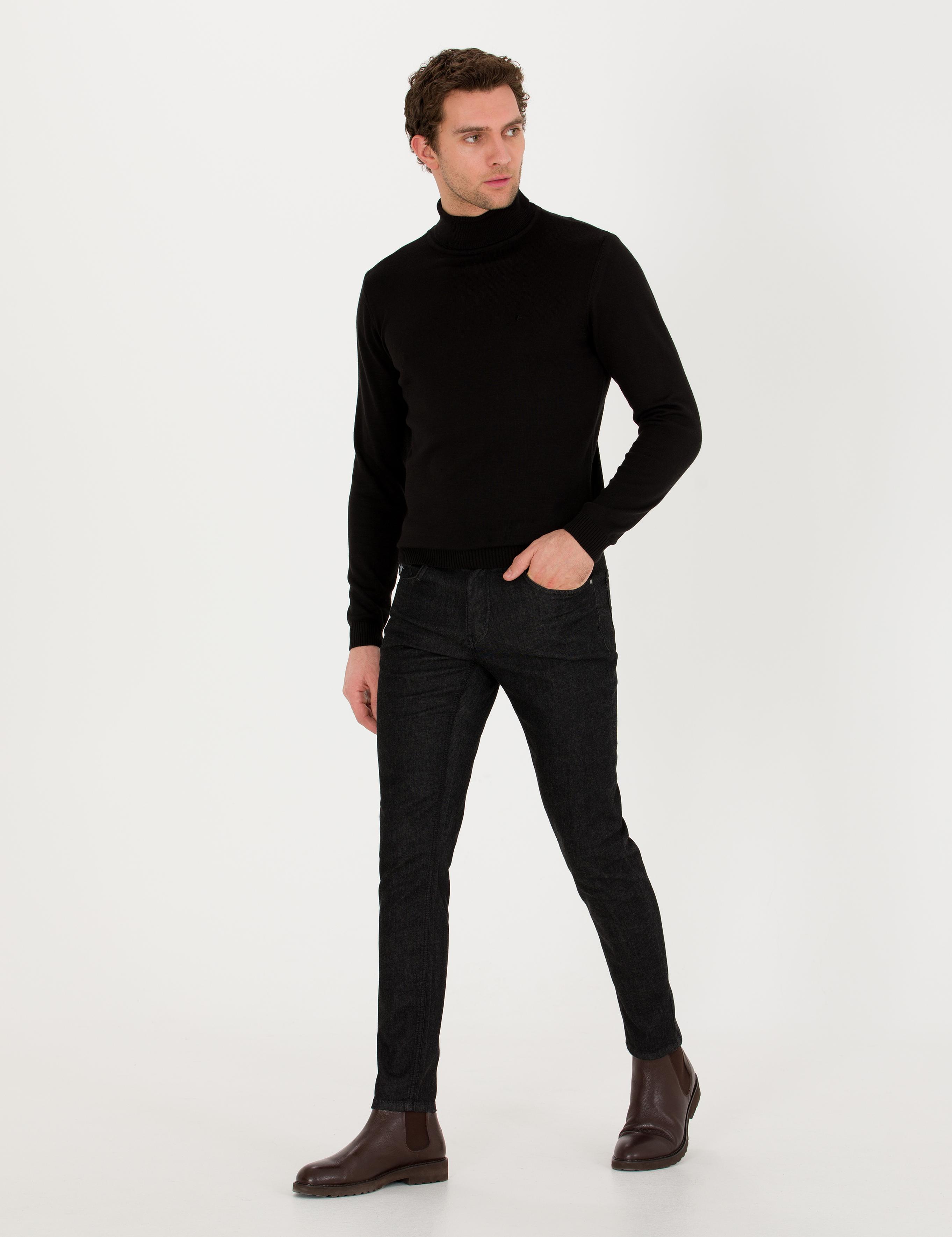 Siyah Slim Fit Pamuk Karışımlı Balıkçı Yaka Basic Triko Kazak - 50257385014