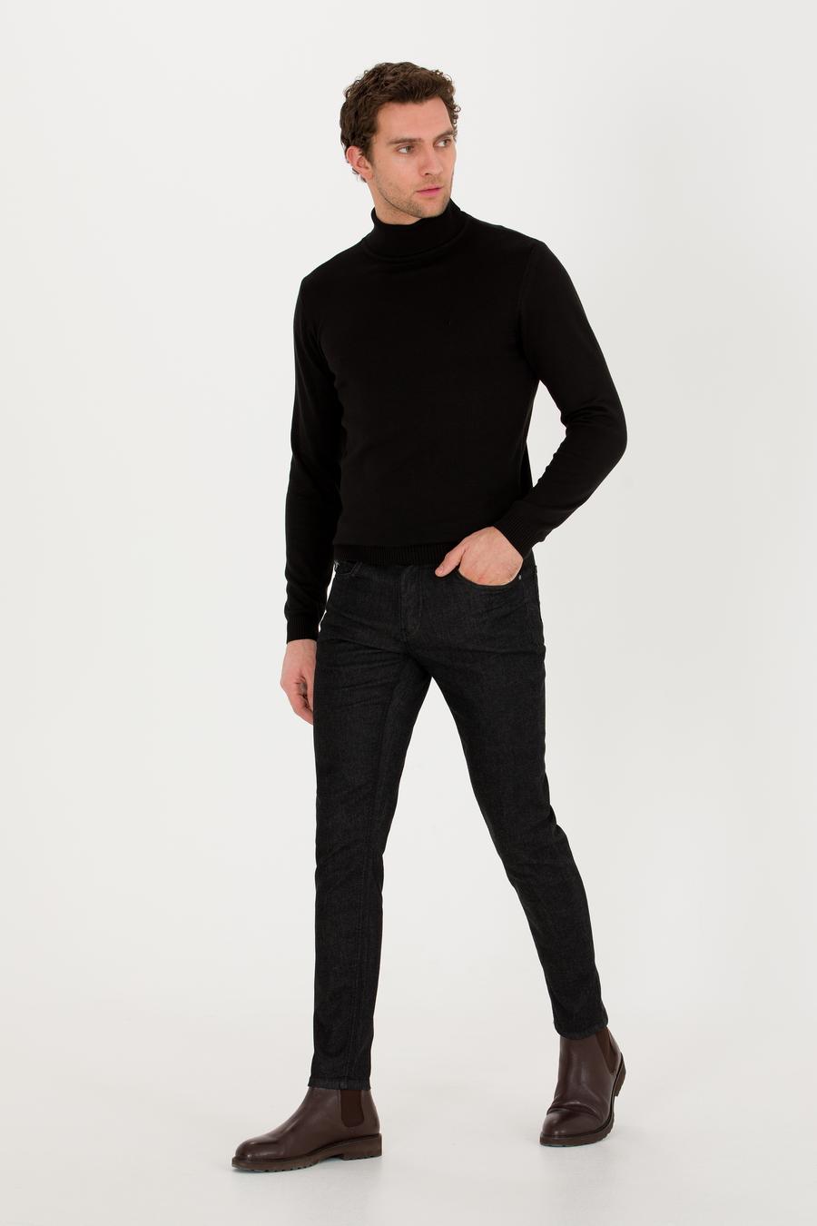 Siyah Slim Fit Pamuk Karışımlı Balıkçı Yaka Basic Triko Kazak - 50257385014