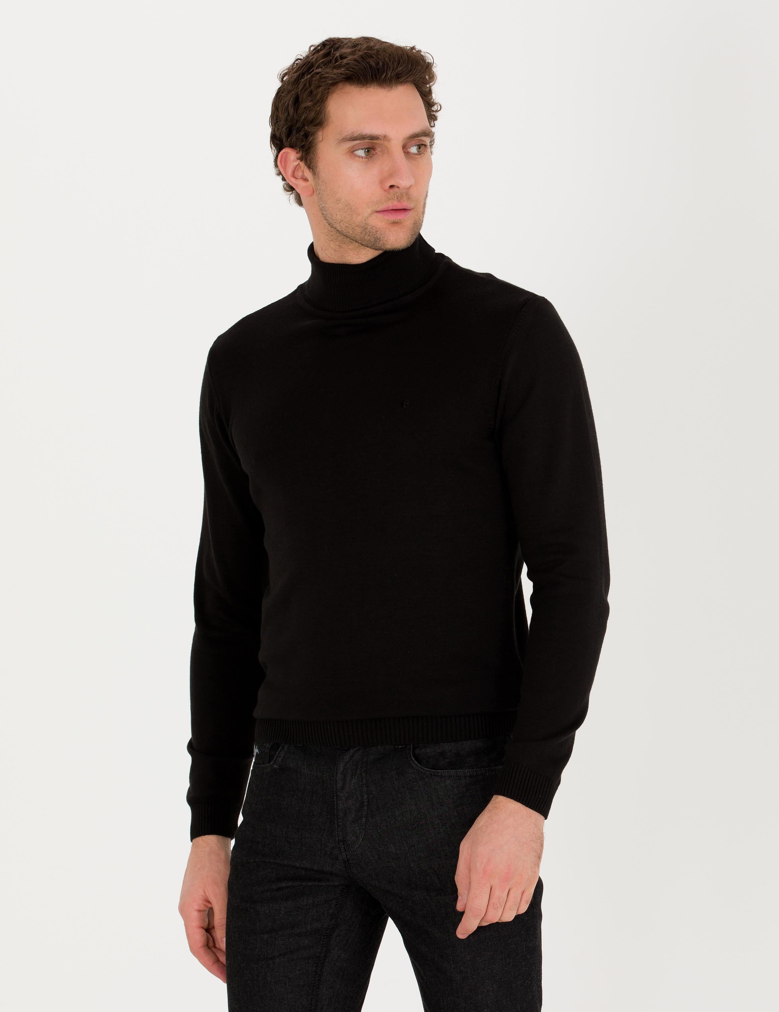 Siyah Slim Fit Pamuk Karışımlı Balıkçı Yaka Basic Triko Kazak - 50257385014