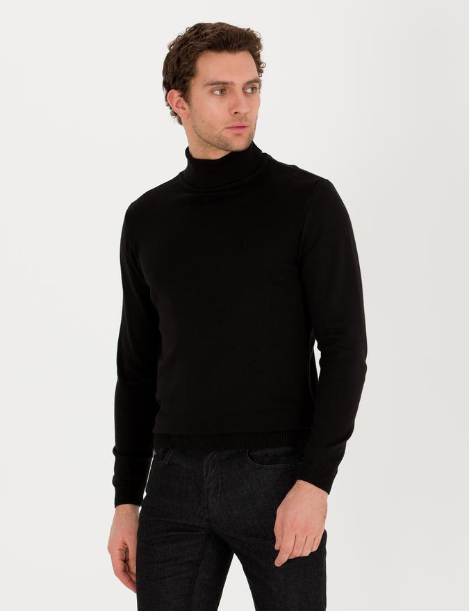 Siyah Slim Fit Pamuk Karışımlı Balıkçı Yaka Basic Triko Kazak