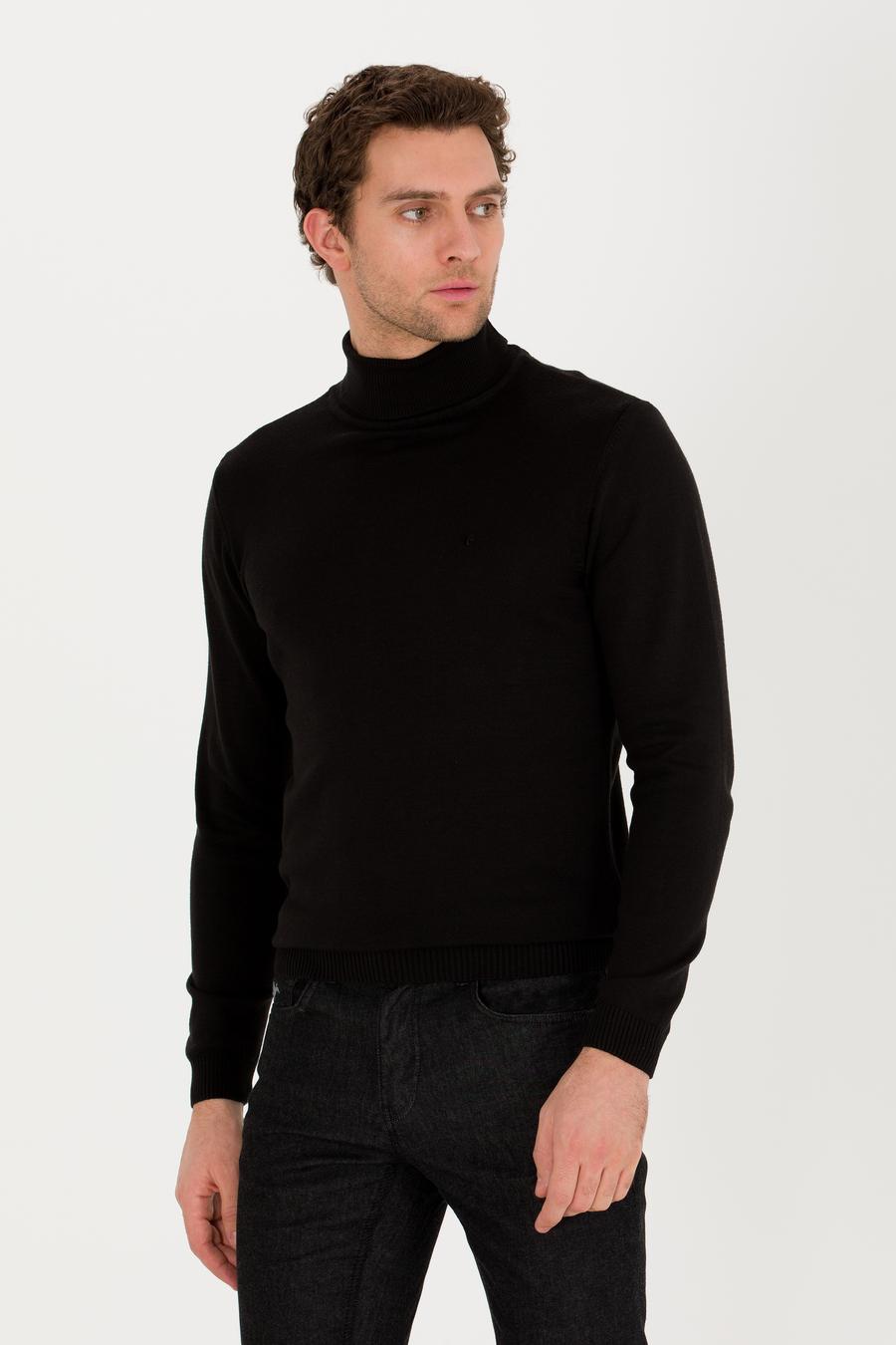 Siyah Slim Fit Pamuk Karışımlı Balıkçı Yaka Basic Triko Kazak - 50257385014