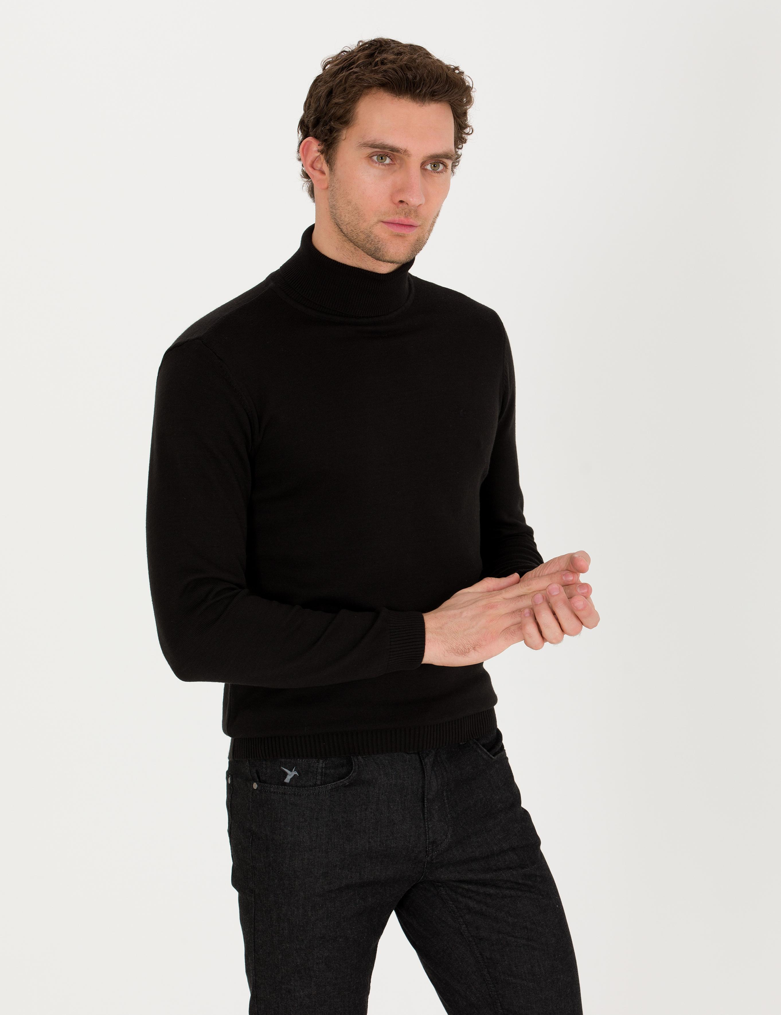Siyah Slim Fit Pamuk Karışımlı Balıkçı Yaka Basic Triko Kazak - 50257385014