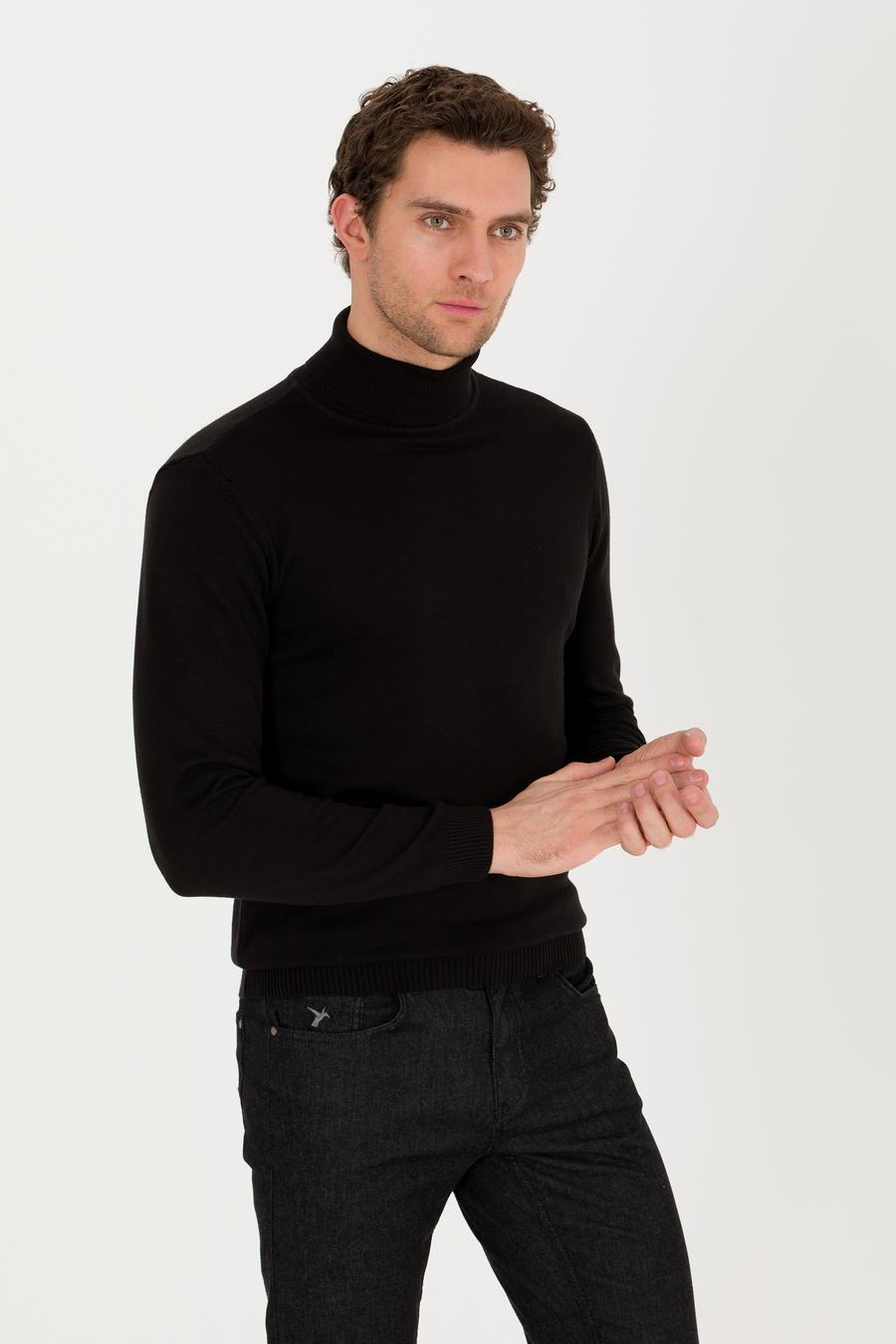 Siyah Slim Fit Pamuk Karışımlı Balıkçı Yaka Basic Triko Kazak - 50257385014
