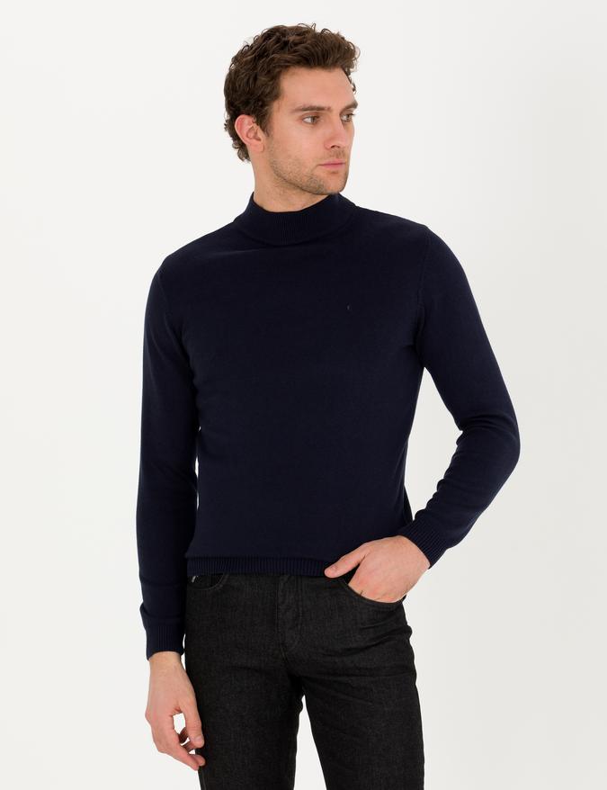 Lacivert Slim Fit Pamuk Karışımlı Yarım Balıkçı Basic Triko Kazak