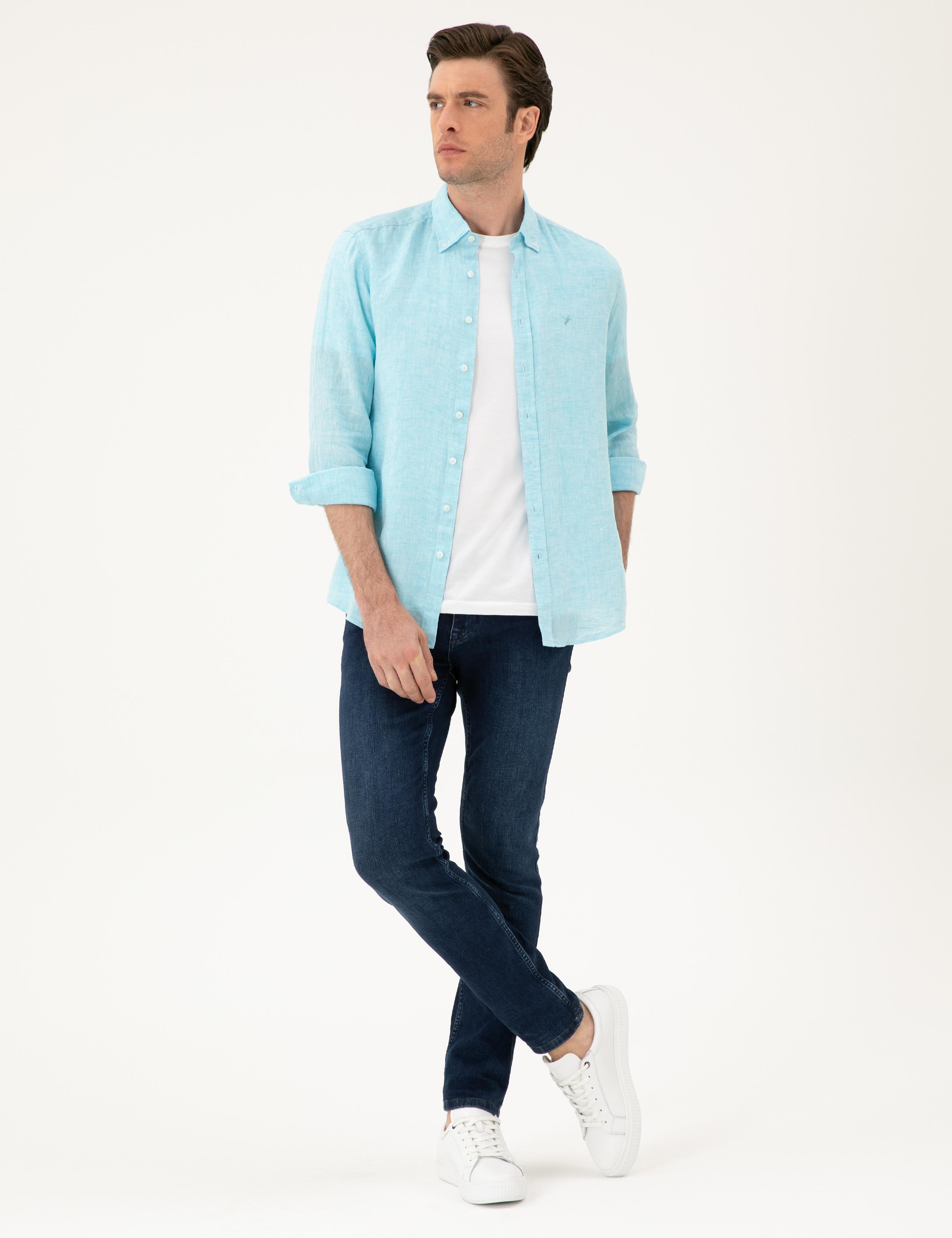 Turkuaz Regular Fit %100 Keten Gömlek - 50284823266