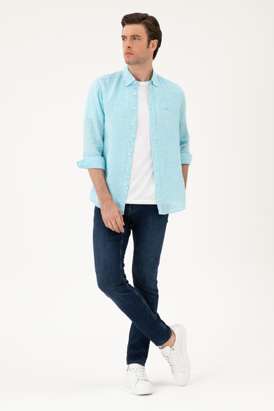 Turkuaz Regular Fit %100 Keten Gömlek - 50284823266